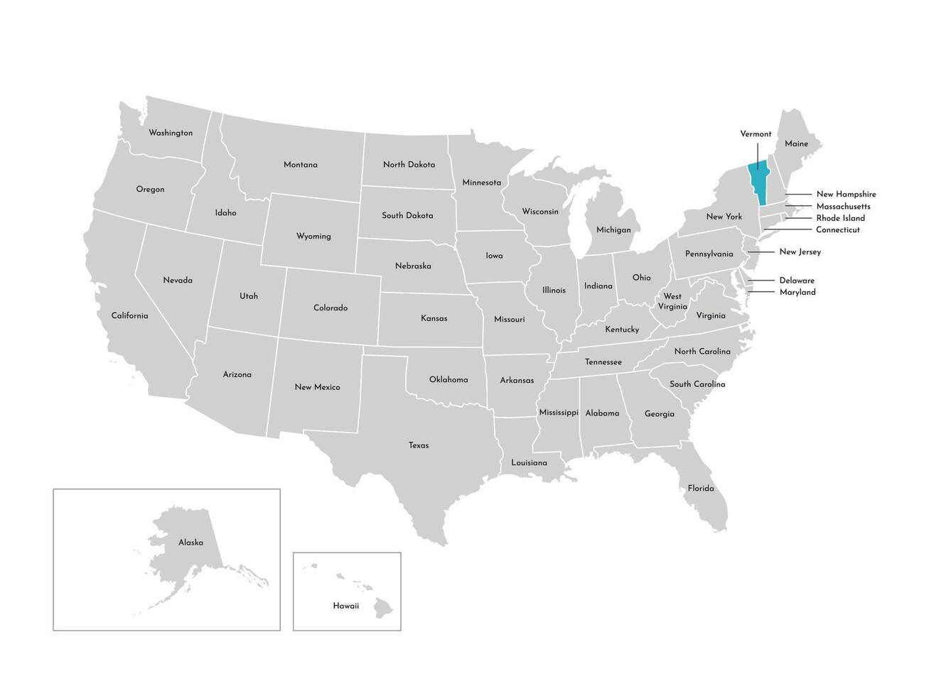 Vector isolated illustration of simplified administrative map of the USA. Borders of the states with names. Blue silhouette of Vermont, state.