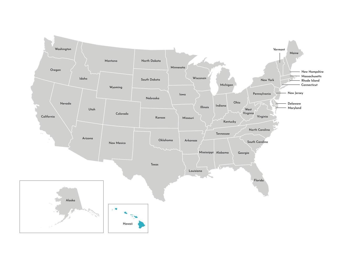 vector aislado ilustración de simplificado administrativo mapa de el EE.UU. fronteras de el estados con nombres azul silueta de Hawai, estado.