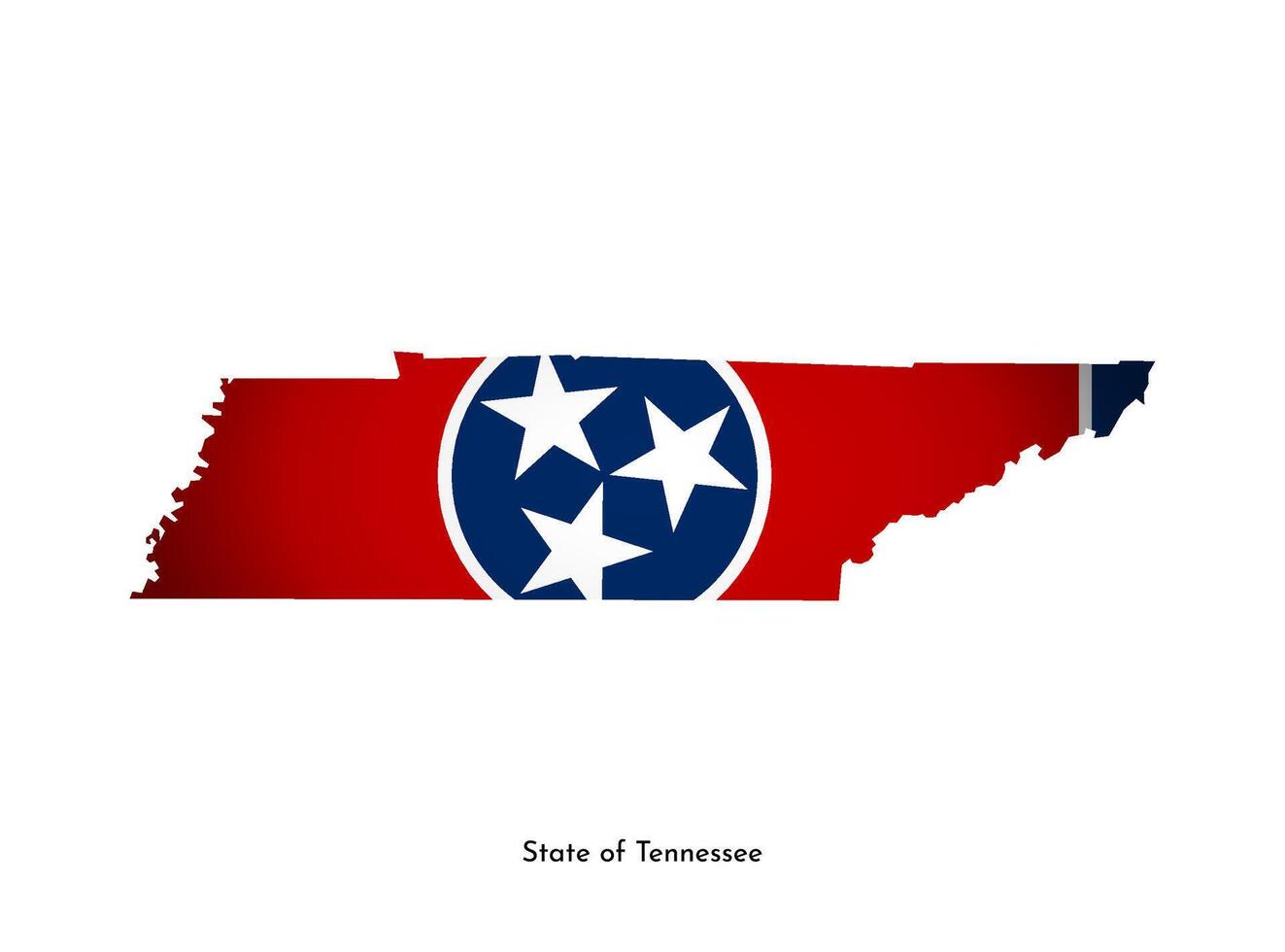 Vector isolated illustration with flag and simplified map of Tennessee, State of USA. Volume shadow on the map. White background