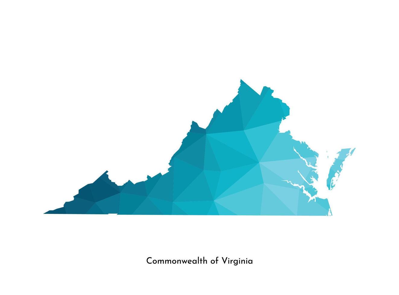 Vector isolated illustration icon with simplified blue map silhouette of Commonwealth of Virginia, USA. Polygonal geometric style. White background.
