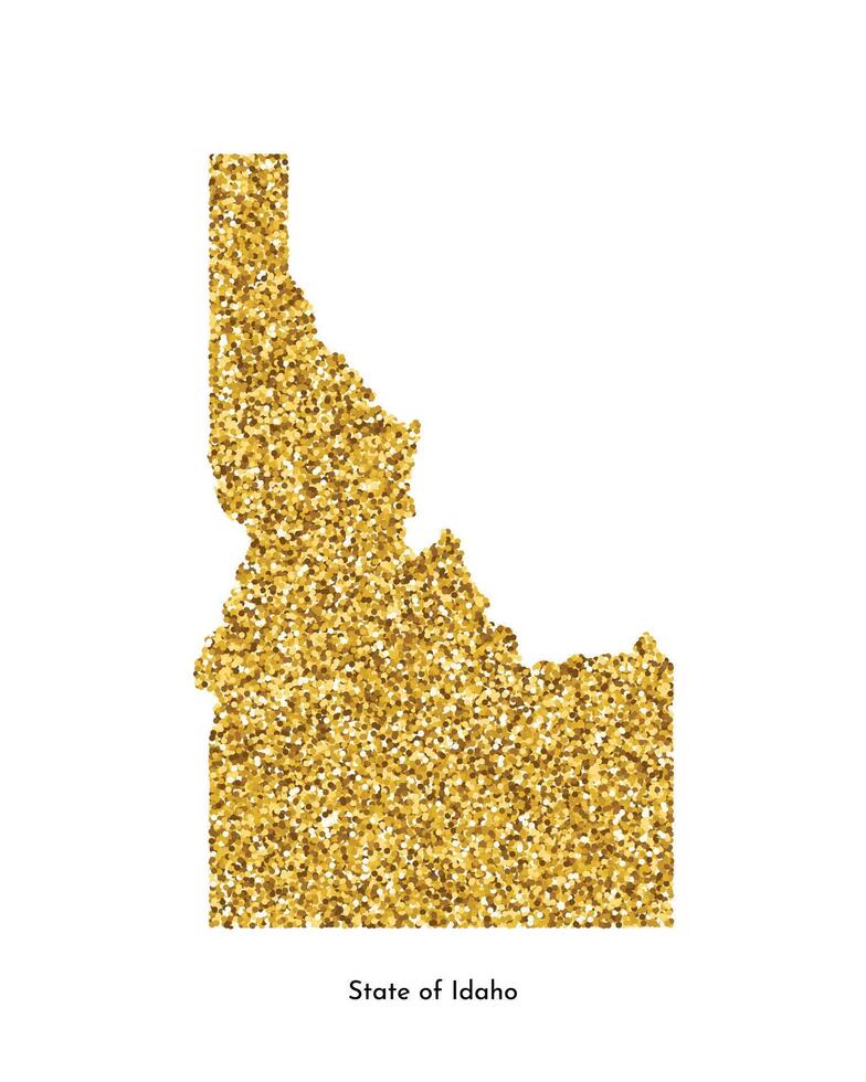 Vector isolated illustration with simplified map of State of Idaho, USA. Shiny gold glitter texture. Decoration template.