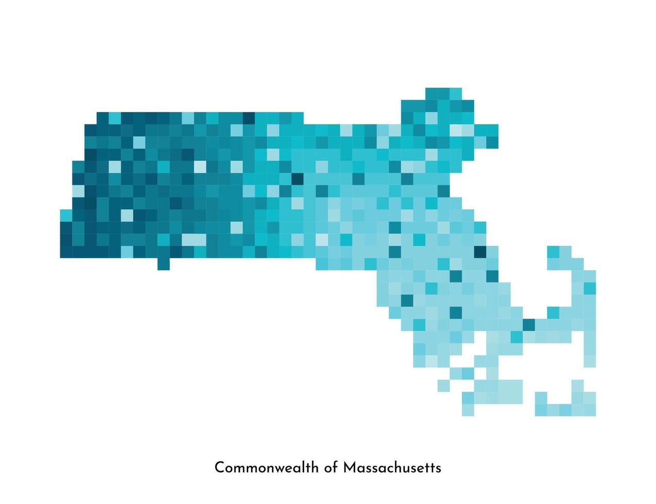 Vector isolated geometric illustration with icy blue state of USA, Commonwealth of Massachusetts map. Pixel art style for NFT template. Simple colorful logo with gradient texture