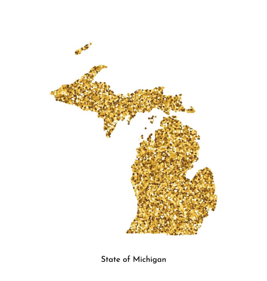 Vector isolated illustration with simplified map of State of Michigan, USA. Shiny gold glitter texture. Decoration template.