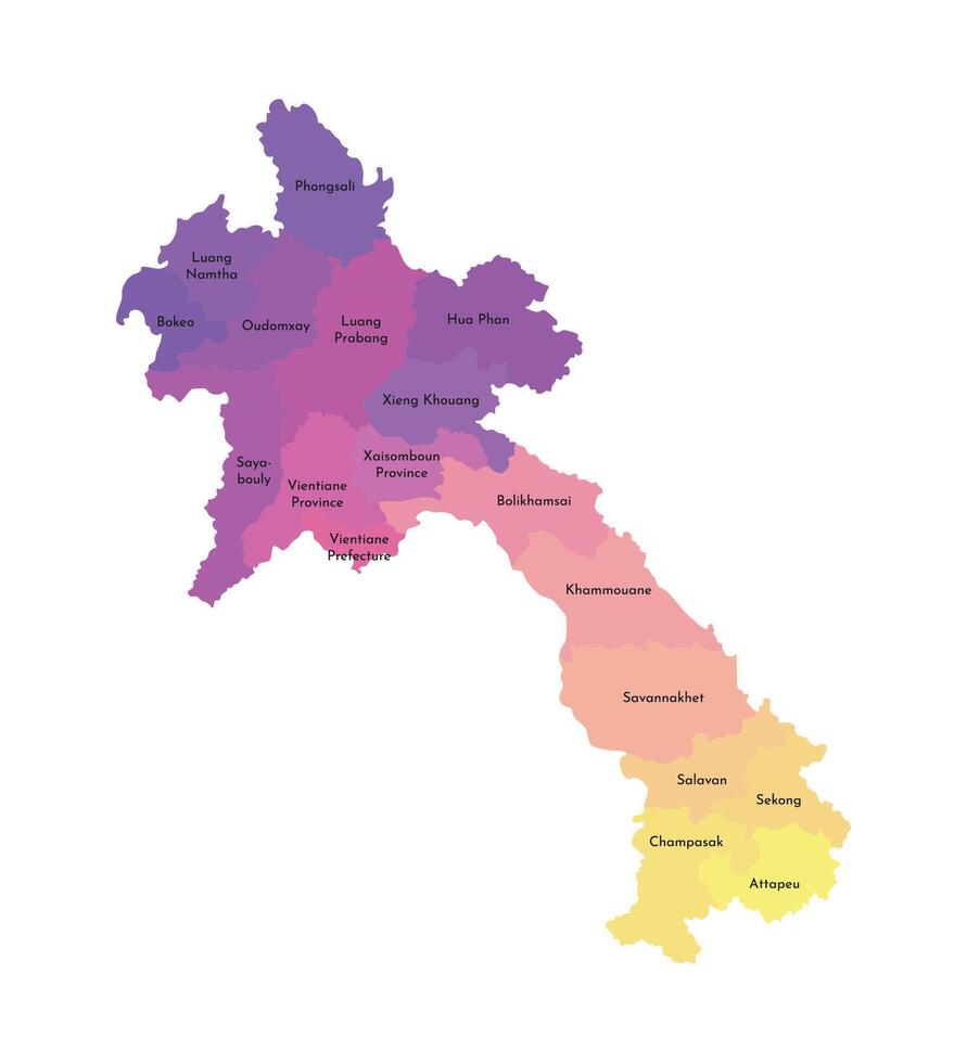 Vector isolated illustration of simplified administrative map of Laos. Borders and names of the regions. Multi colored silhouettes.