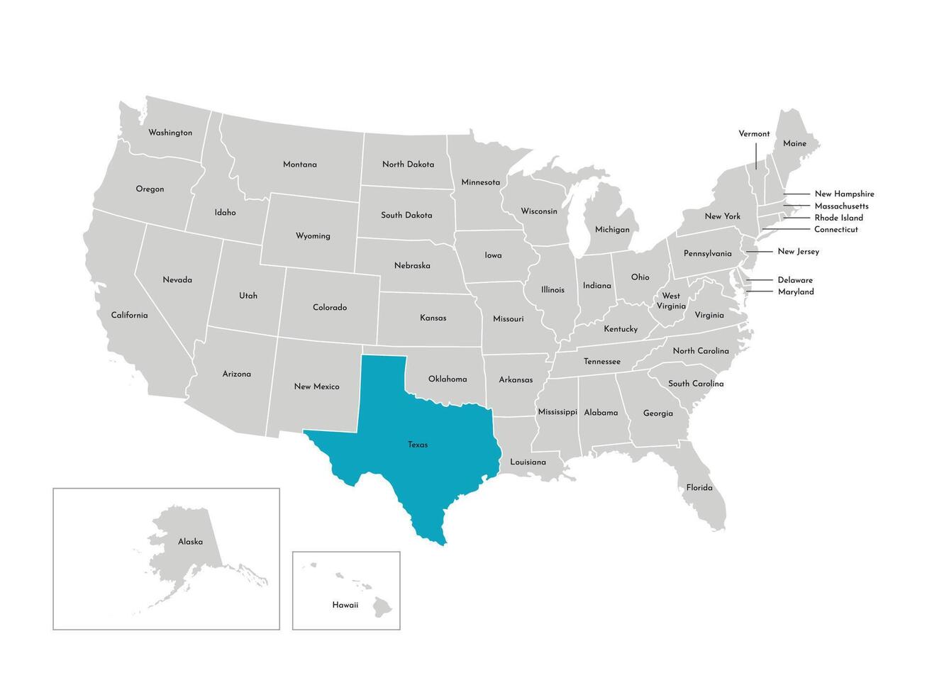 Vector isolated illustration of simplified administrative map of the USA. Borders of the states with names. Blue silhouette of Texas, state.