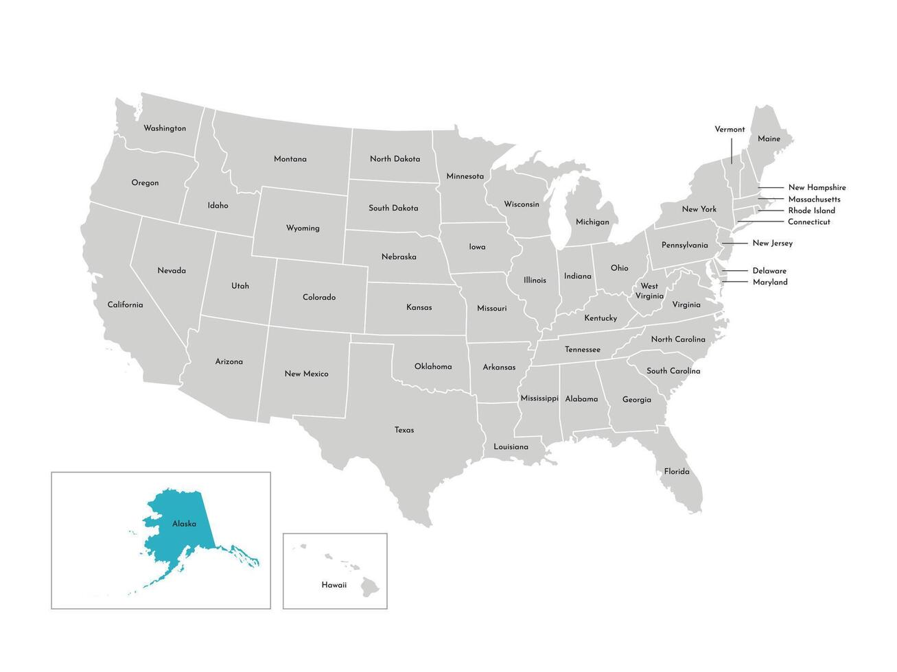 Vector isolated illustration of simplified administrative map of the USA. Borders of the states with names. Blue silhouette of Alaska, state.