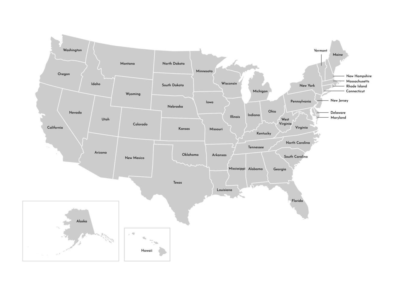 Vector isolated illustration of simplified administrative map of USA, United States of America. Borders and names of the states, regions. Grey silhouettes. White outline.