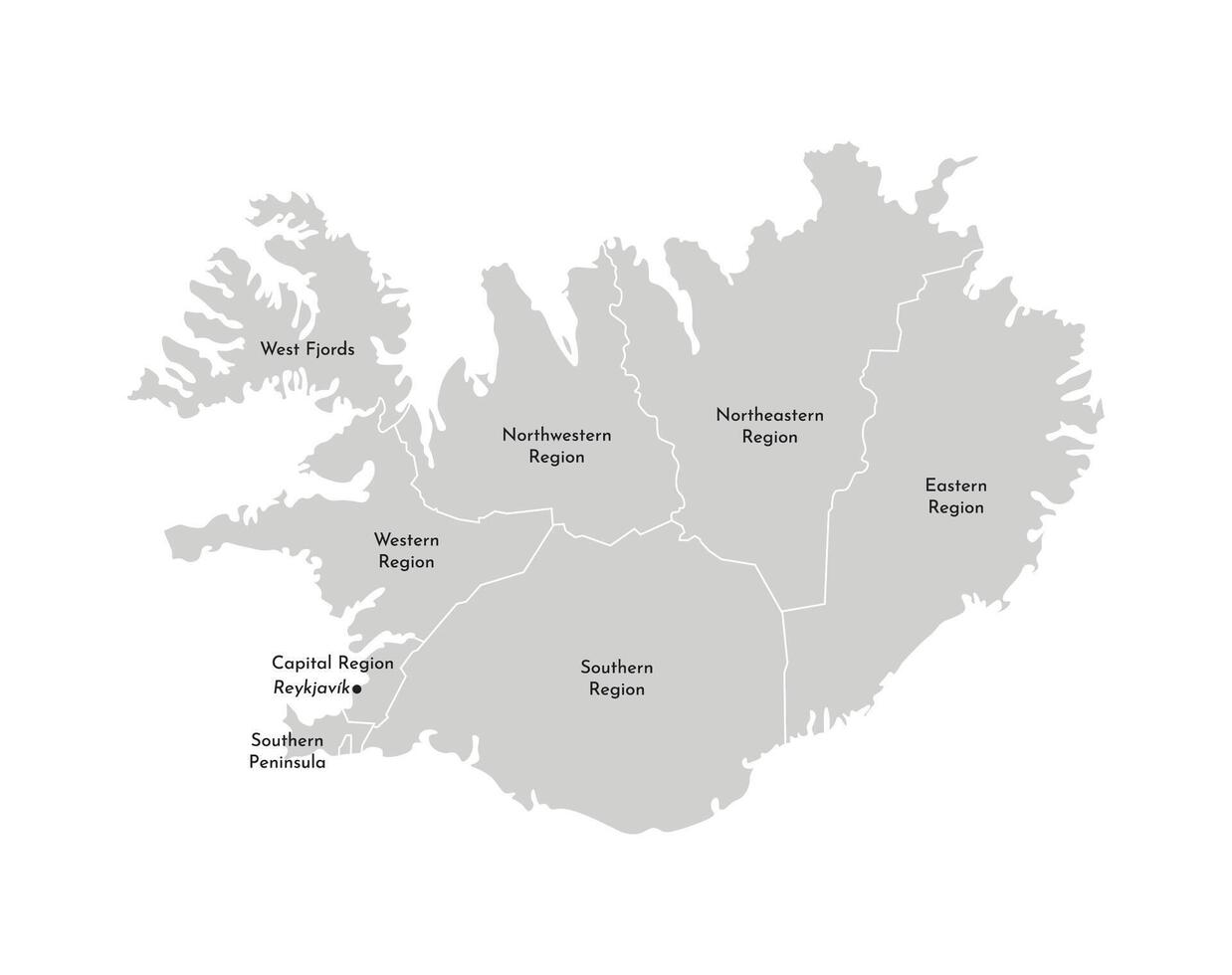 Vector isolated illustration of simplified administrative map of Iceland. Borders and names of the provinces, regions. Grey silhouettes. White outline