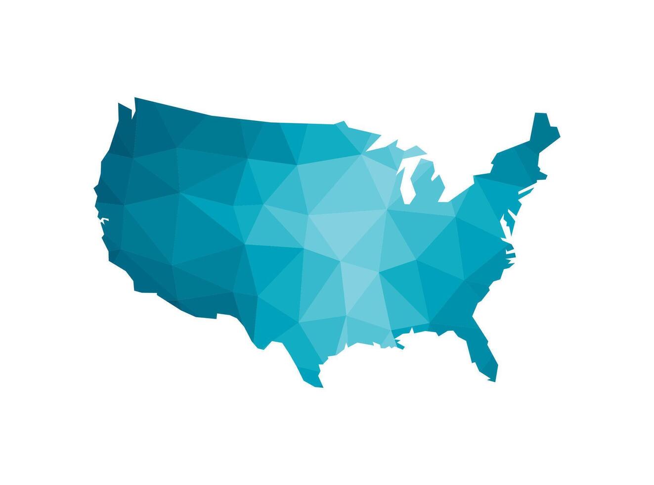 Vector illustration with simplified blue silhouette of United States of America, USA map. Polygonal geometric style, triangular shapes. White background.
