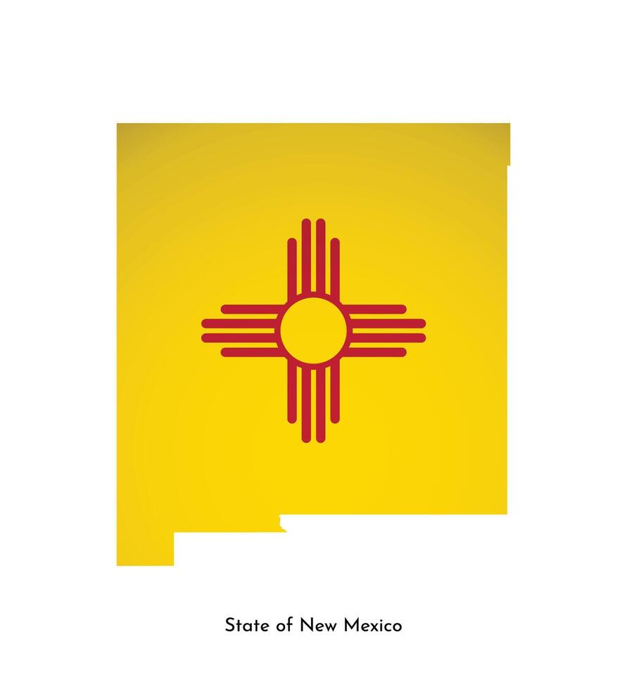 Vector isolated illustration with flag and simplified map of New Mexico, State of USA. Volume shadow on the map. White background