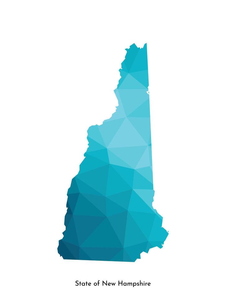 Vector isolated illustration icon with simplified blue map silhouette of State of New Hampshire, USA. Polygonal geometric style. White background.