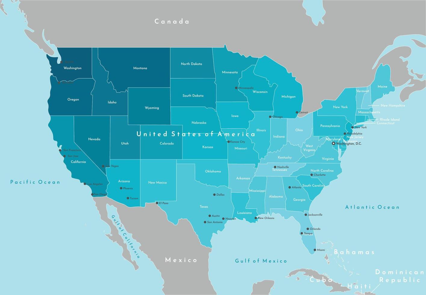 Vector modern illustration. Simplified geographical map of United States of America, US and neighboring countries. Blue background of oceans. Names of the cities and states.