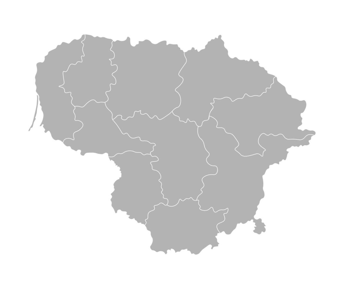 Vector isolated illustration of simplified administrative map of Lithuania. Borders of the counties  Grey silhouettes. White outline.