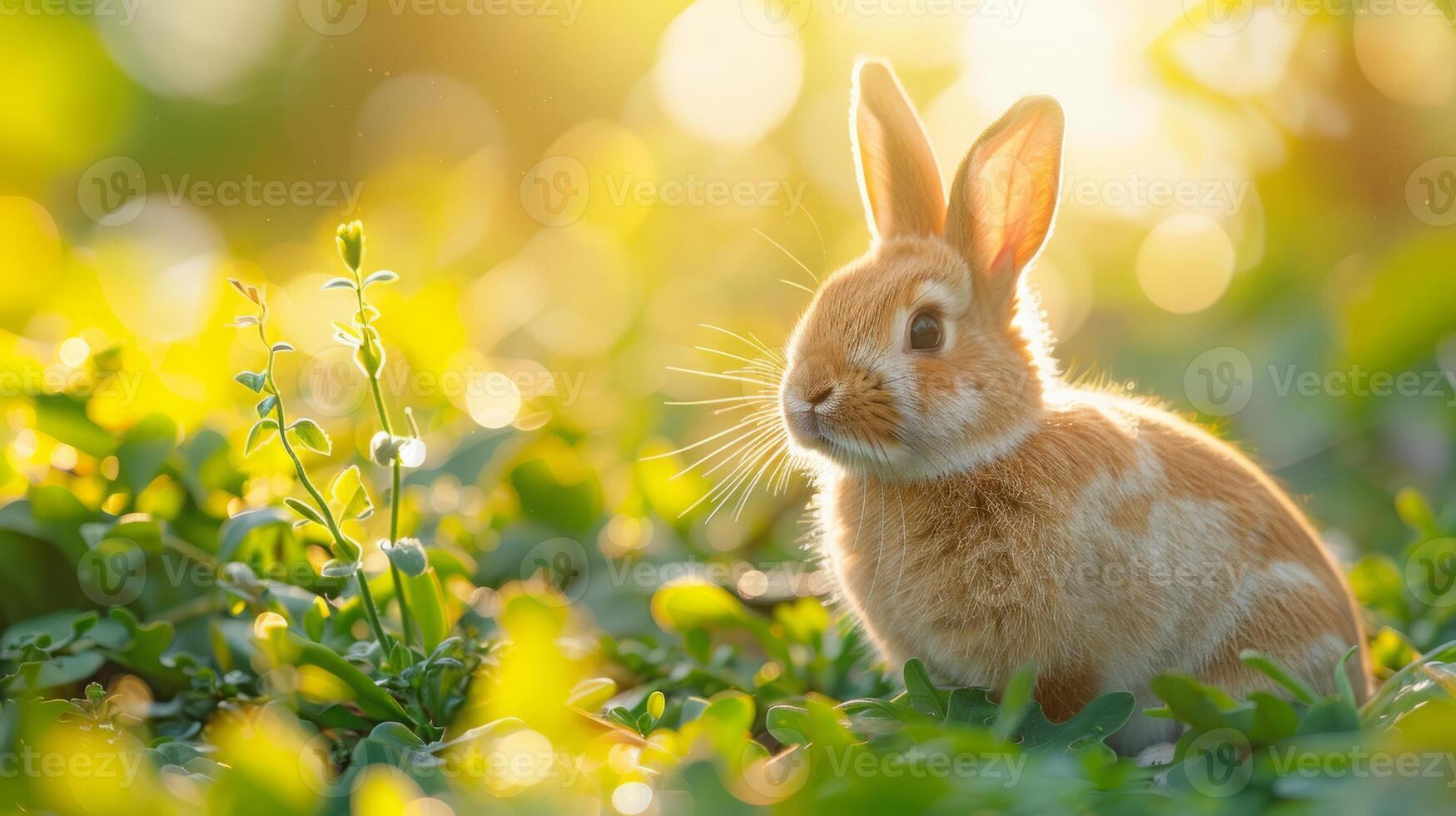 AI generated Easter bunny in a garden with bright sun light. Easter season concept photo