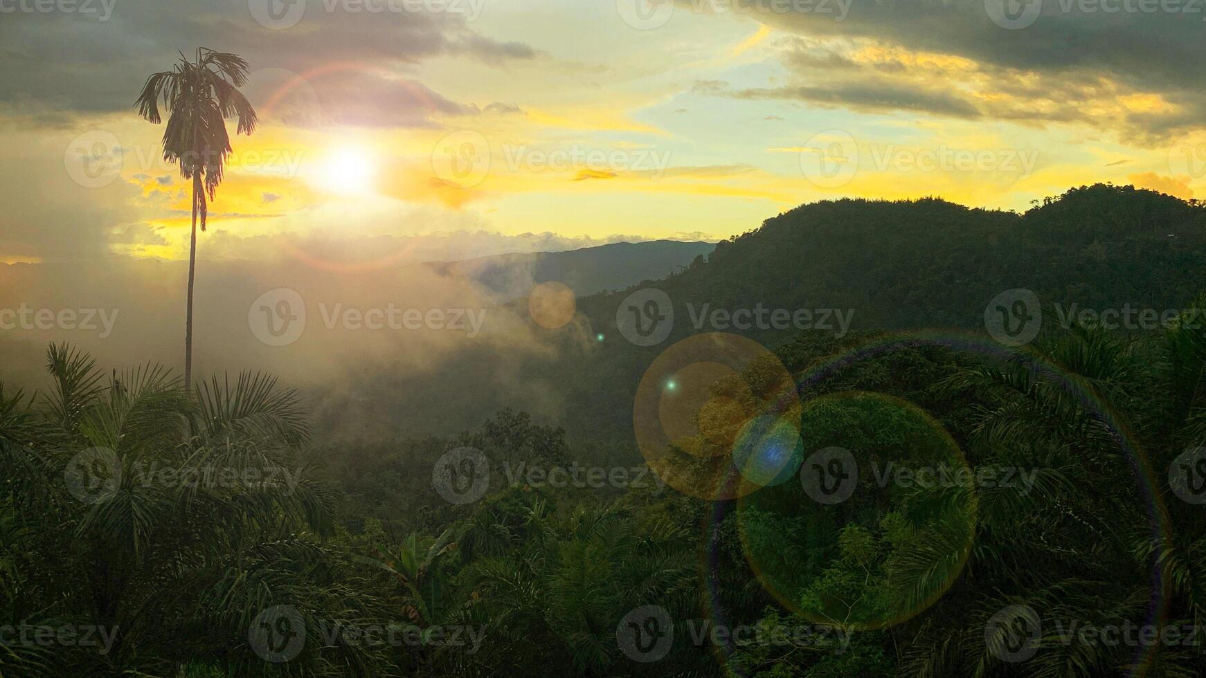 Beautiful evening view of sunset with mountain and hill background. Nature beauty and copy space photo