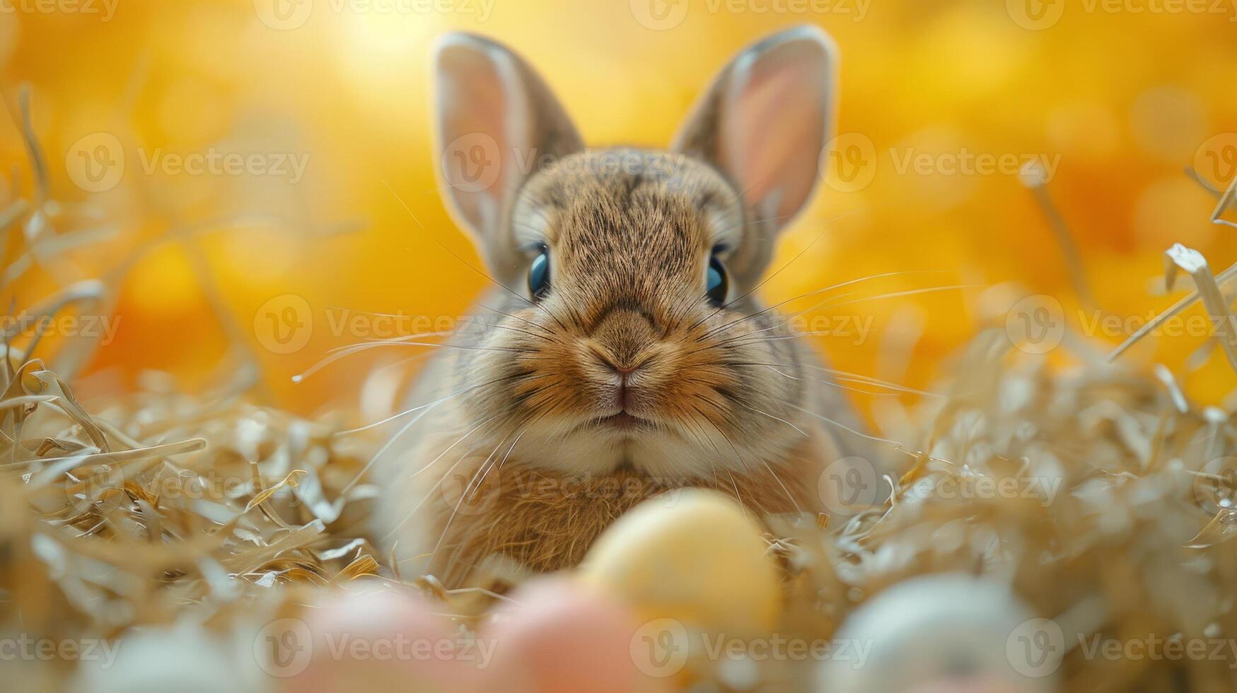 AI generated Cute Easter bunny surrounded by colorful Easter eggs. Easter celebration photo