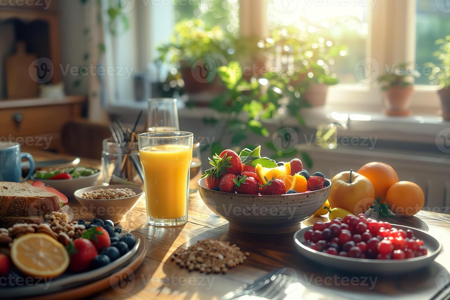 AI generated A breakfast table with a vibrant fruit bowl, orange juice, and wholegrain selections in a cozy home setting. Generative AI. photo