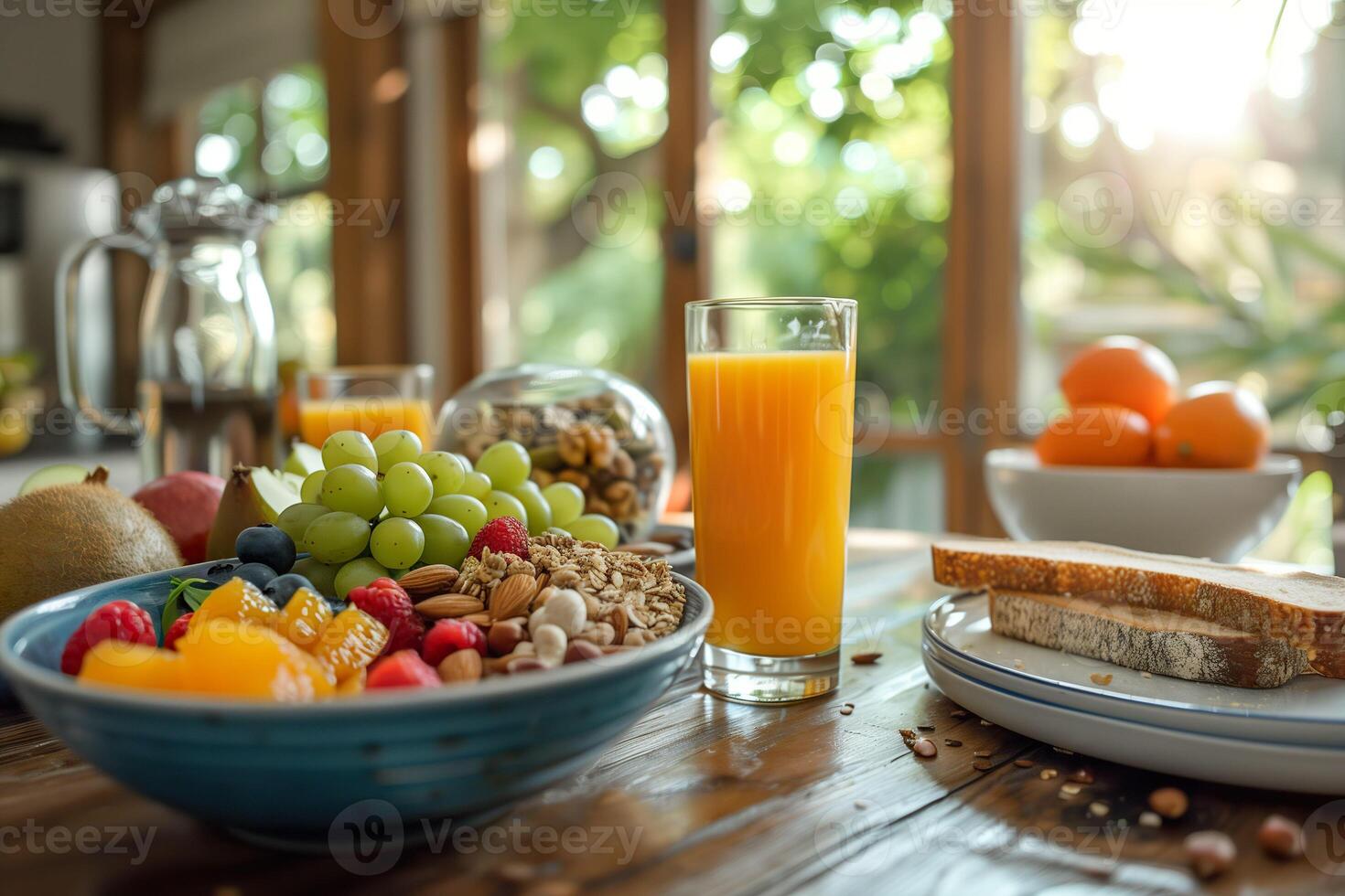 AI generated A breakfast spread with a fresh fruit bowl, crunchy granola, orange juice, and whole grain toast. Generative AI. photo