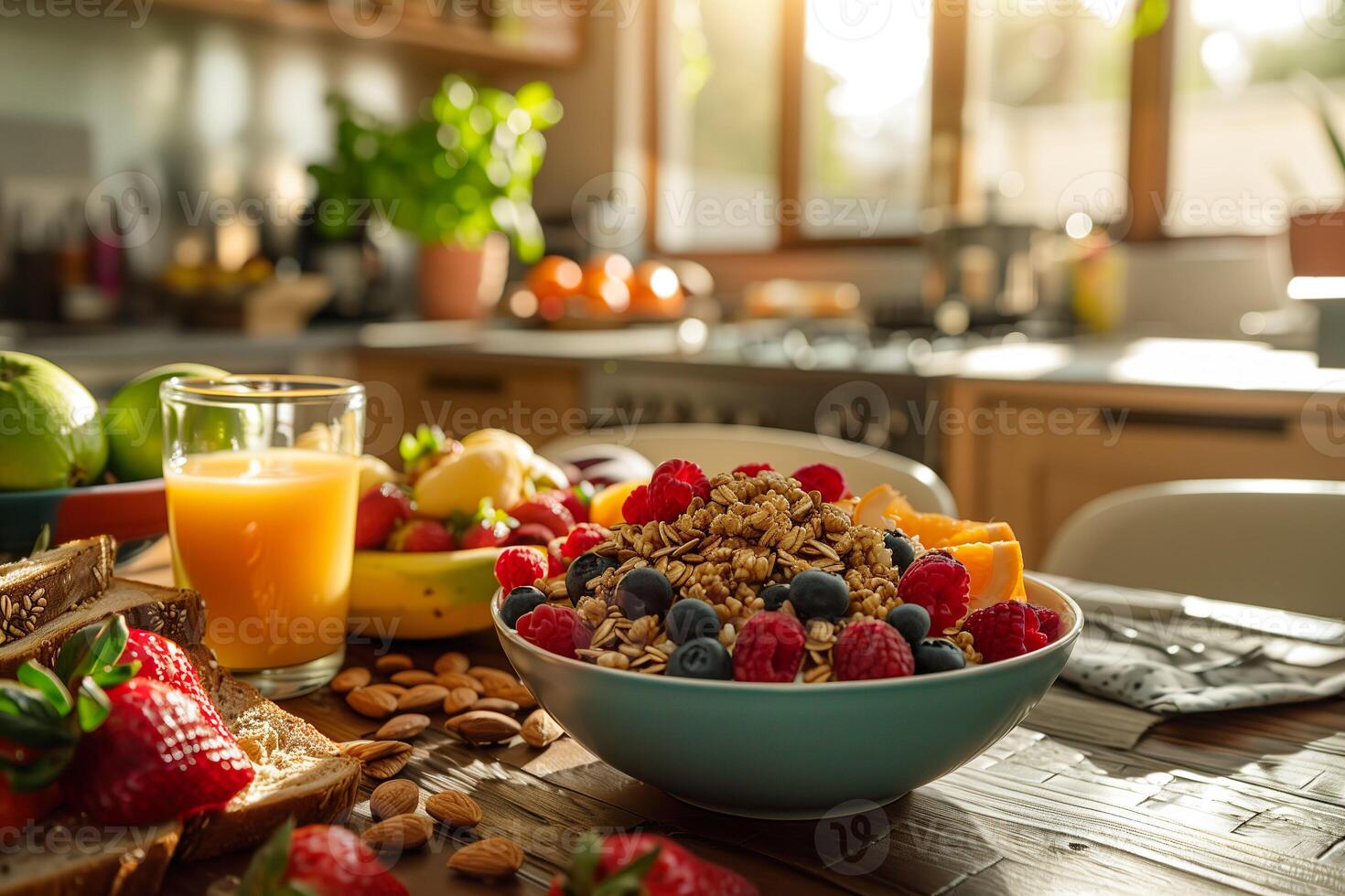 AI generated A wholesome breakfast bowl, with crunchy granola, mixed berries, and almonds, accompanied by fresh orange juice and toast. Generative AI. photo