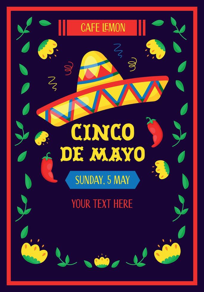 Cinco de Mayo vector flyer with national mexican symbols sombrero hat and red chili japapeno peppers.