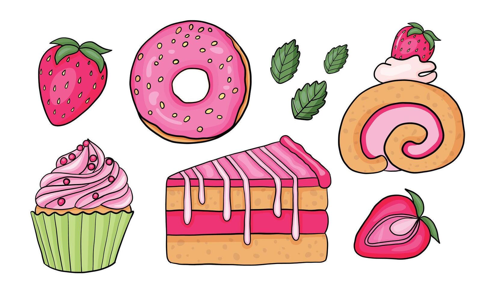 Strawberry desserts. Strawberry slice cake, cupcake, donut, roll. vector