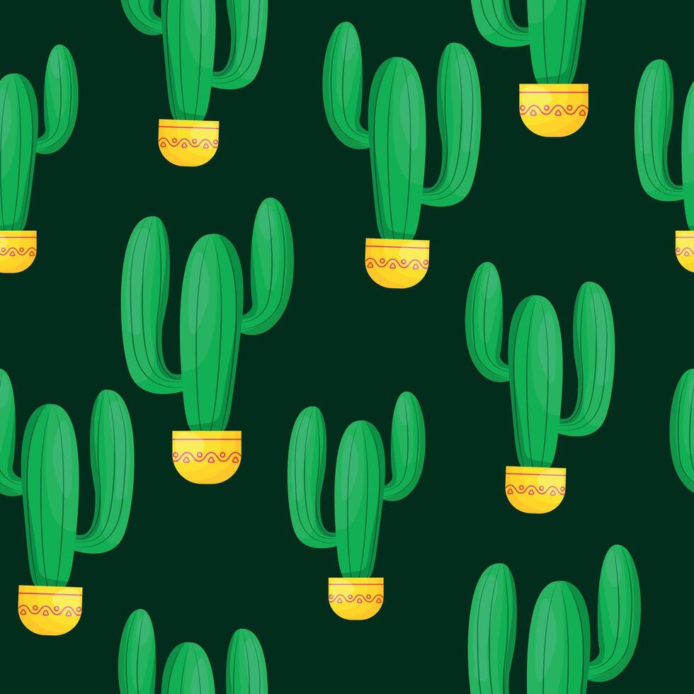 Vibrant seamless pattern of green cactus in yellow pots on black background vector