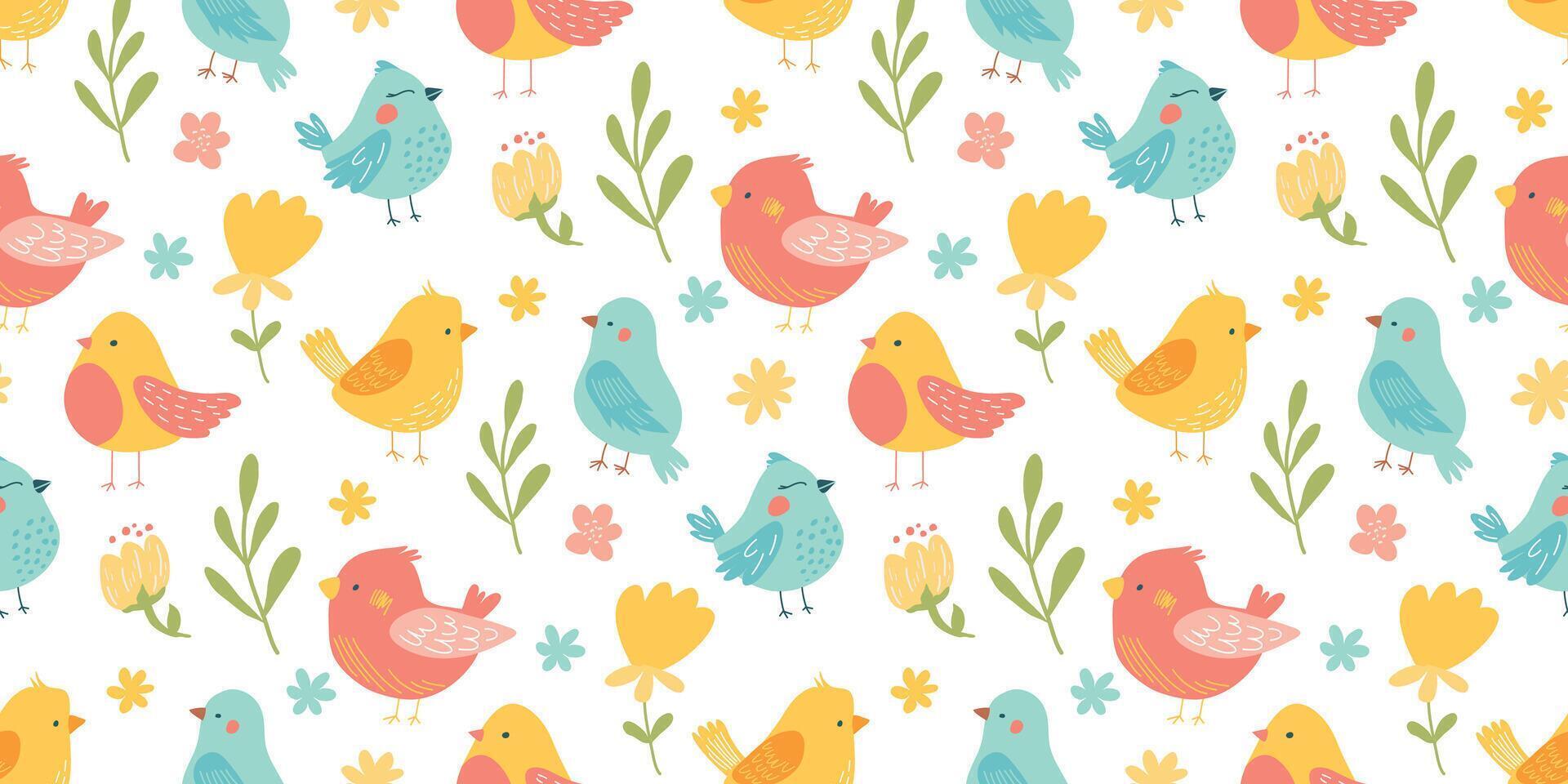 Textile design featuring colorful birds and flowers on a white background vector