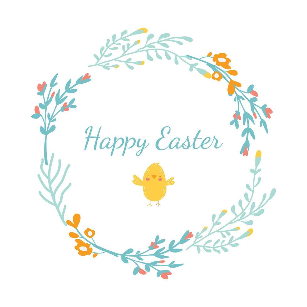 Easter wreath with bird and flowers on white background. vector