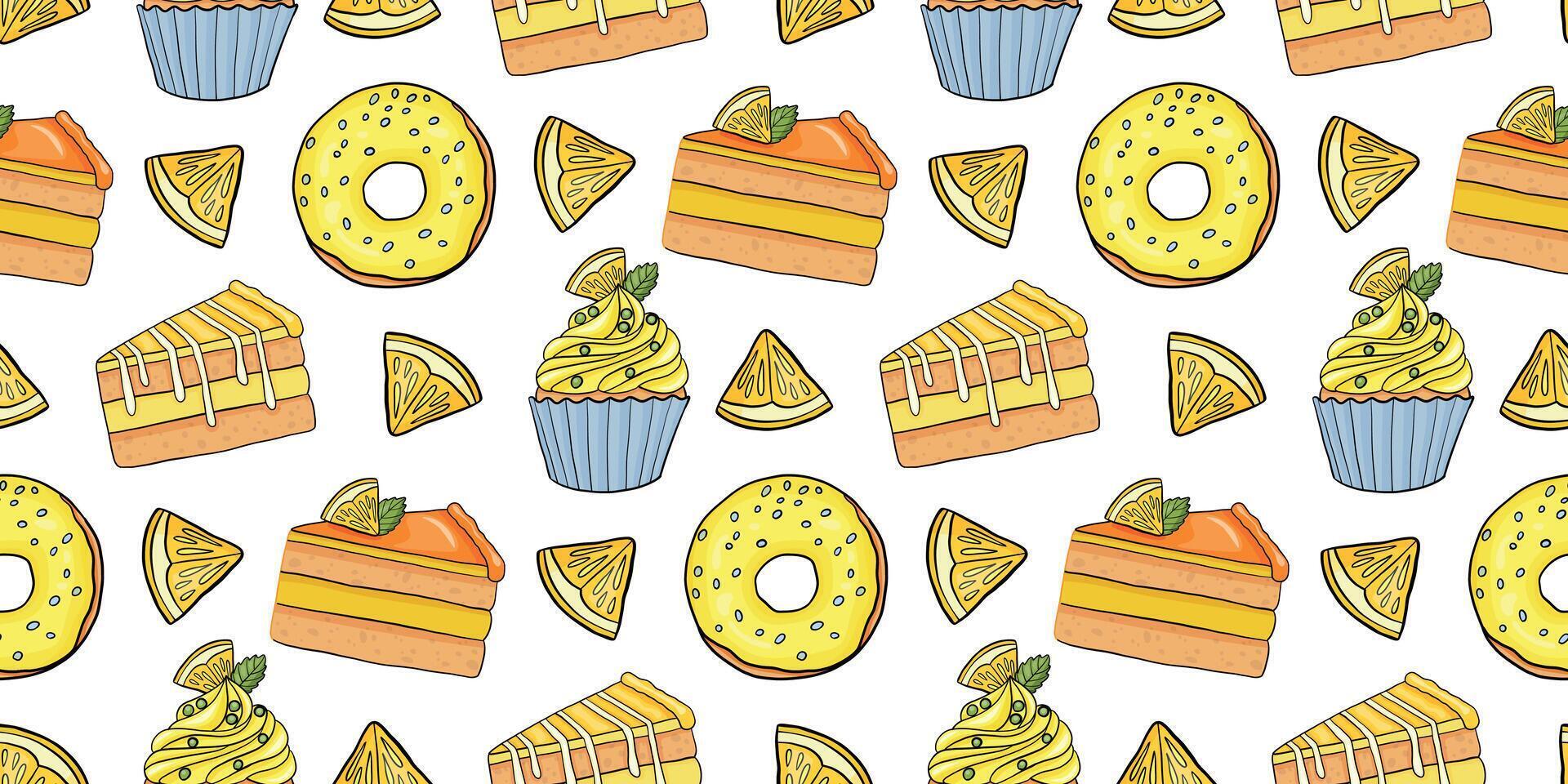 Seamless pattern with lemons desserts. vector
