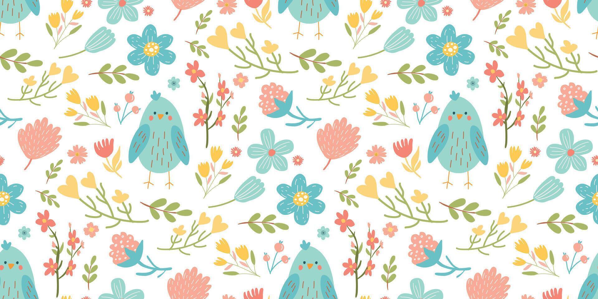 Seamless pattern bird and flower isolated on white background. vector
