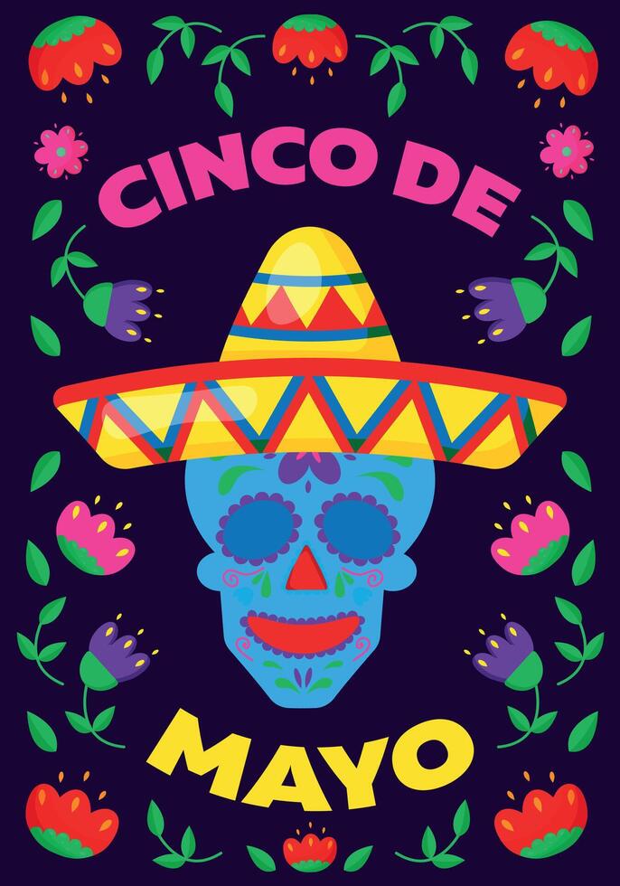 Colorful poster for cinco de mayo with a skull wearing a sombrero vector