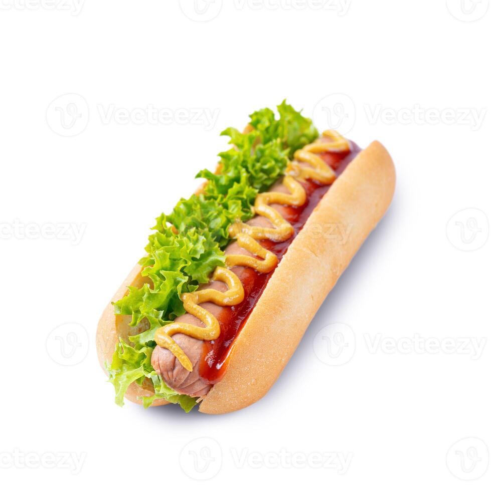 Homemade Hot Dog with mustard, ketchup, tomato and fresh salad leaves isolated on white background photo
