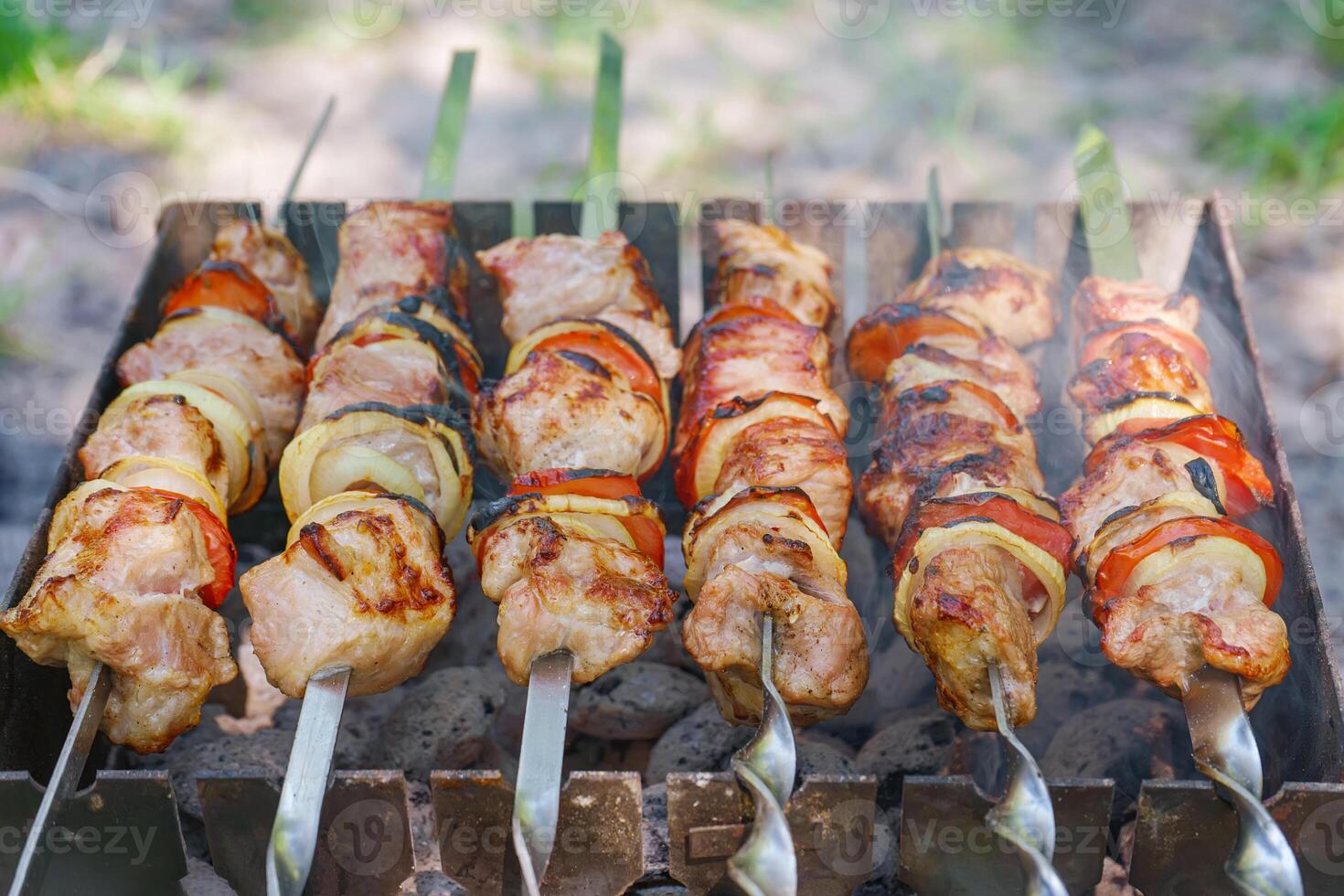 Grilled pieces of meat on skewers, shish kebab with vegetables, cooking process on brazier photo