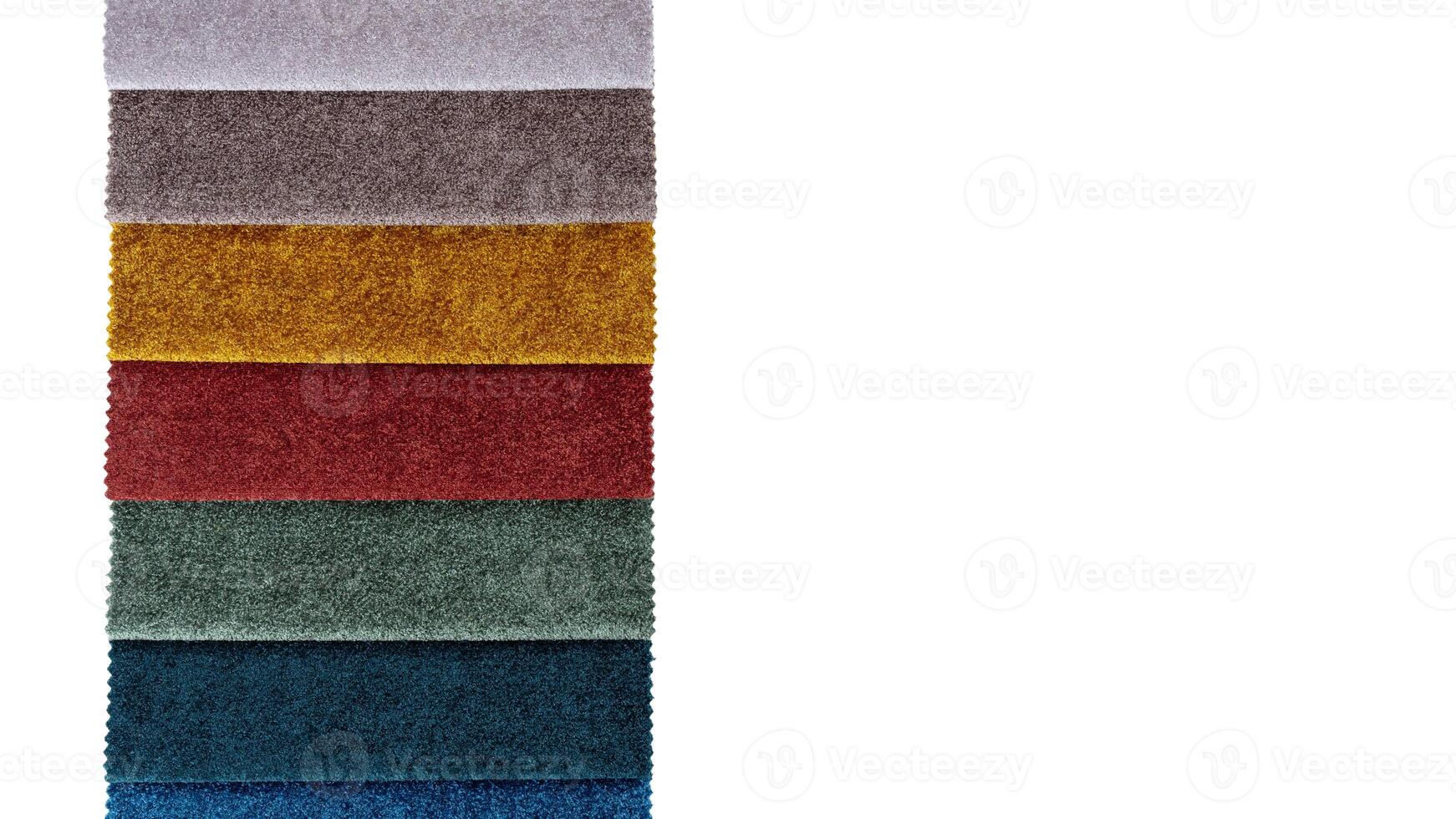 Multi colored set of upholstery fabric samples for selection, collection of textile swatches photo