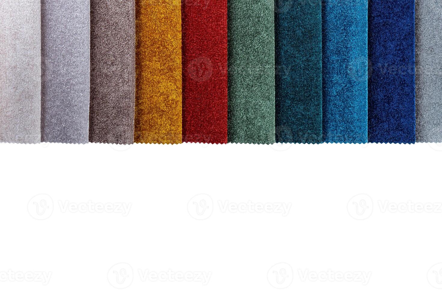 Multi colored set of upholstery fabric samples for selection, collection of textile swatches photo