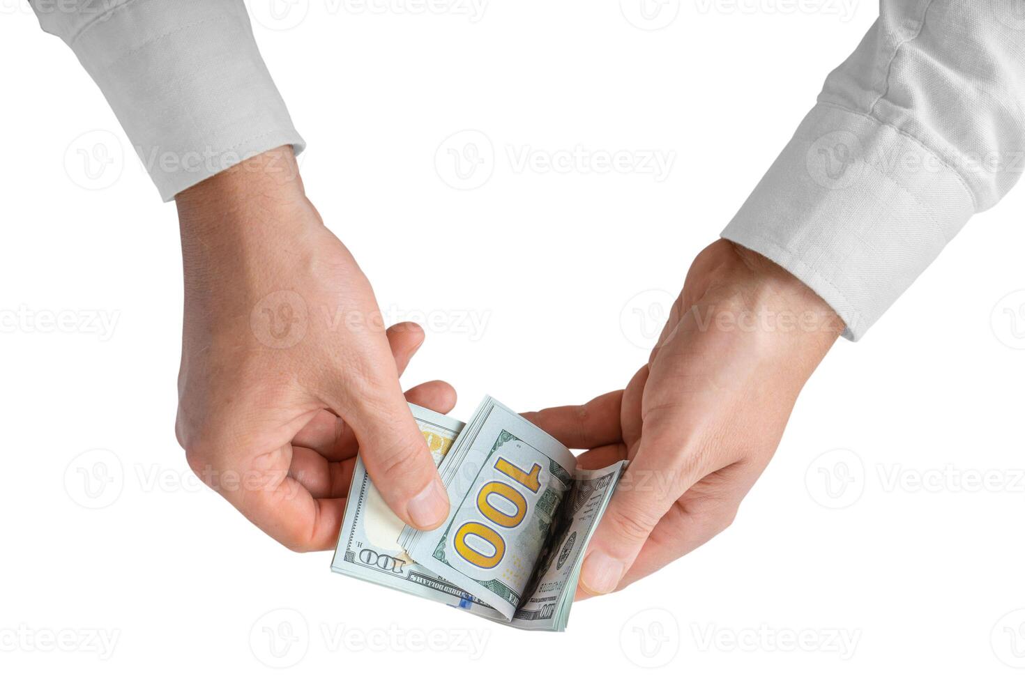 Man hands with dollar cash isolated on white background photo