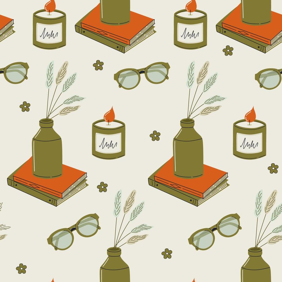 Seamless pattern with cozy home interior. Book stack, pampas grass, eyeglasses and aroma candle.  Hygge home atmosphere. Retro style vector background.
