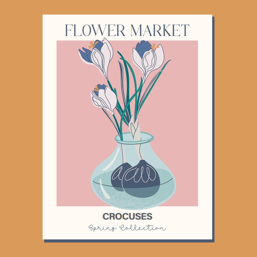 Modern botanical wall art with crocuses in vase. Flower poster. Spring plants arrangement. Beautiful interior decoration. Hand drawn vector illustration.