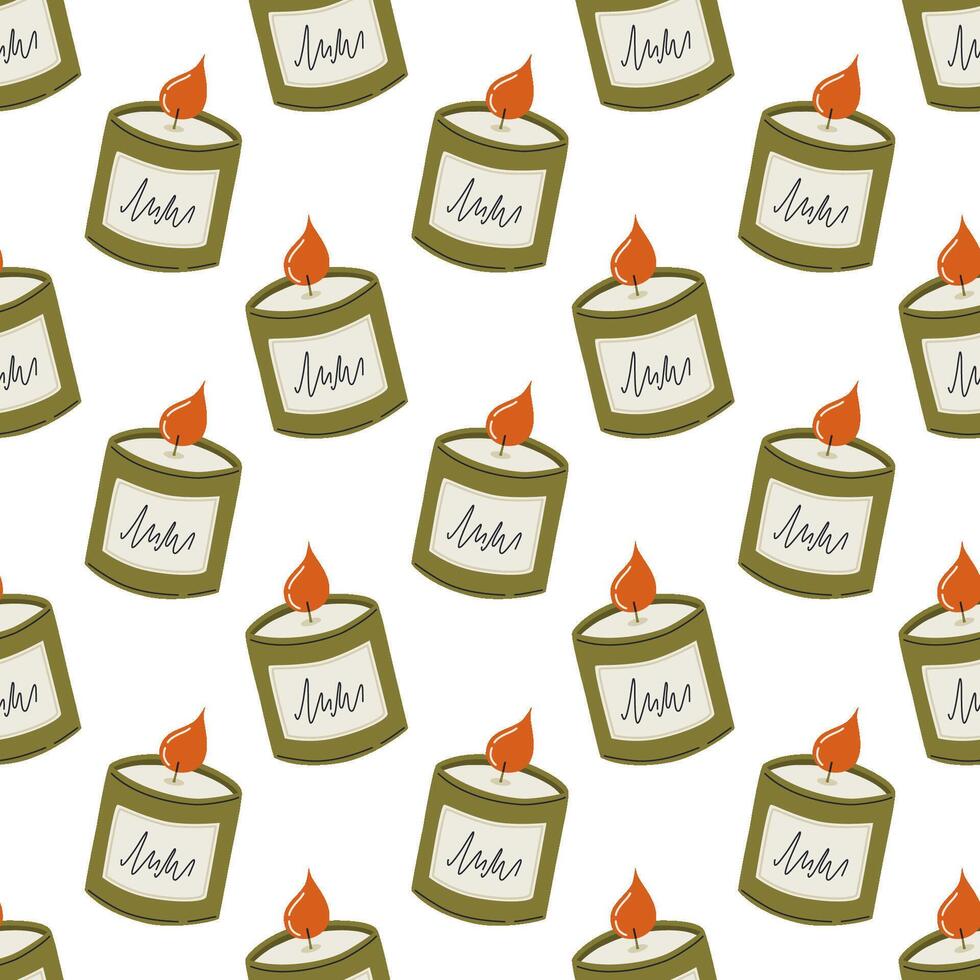 Seamless pattern with decorative scented candle for relaxation. Burning candle in elegant modern glass candlestick. Hygge, concept of Scandinavian lifestyle. Vector illustration.