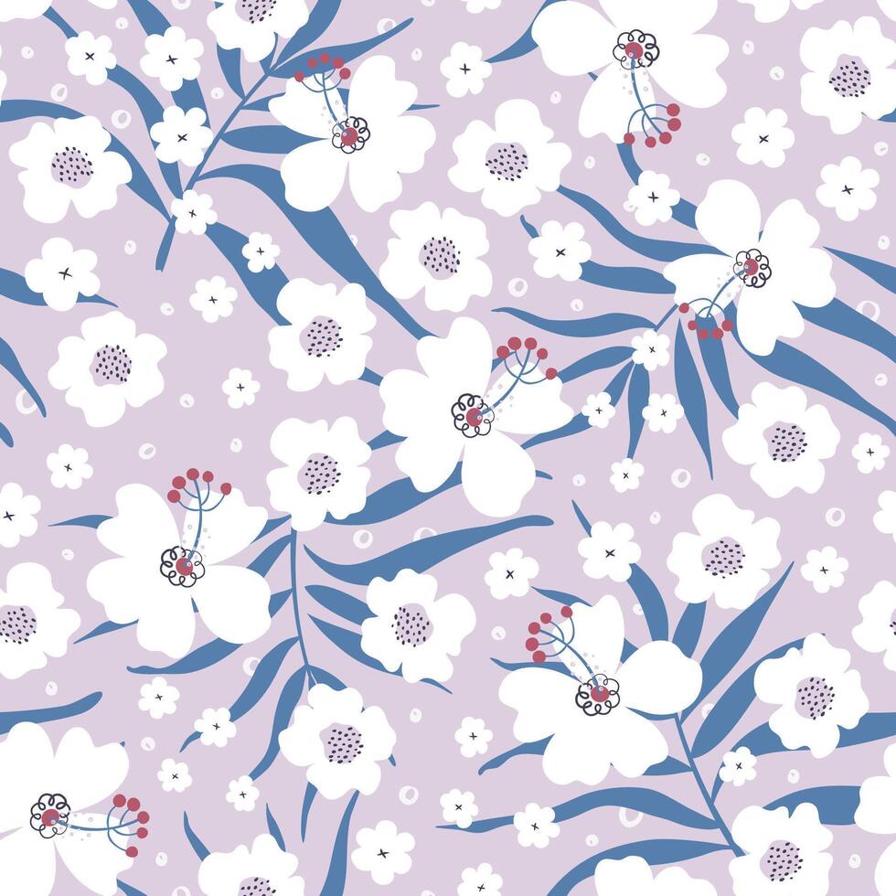 Tropical background. Seamless pattern with flowers and palm leaves. Naive art bold flowers print. Floral ornament for fabric design, wallpaper, wrapping paper. Doodle style vector illustration.