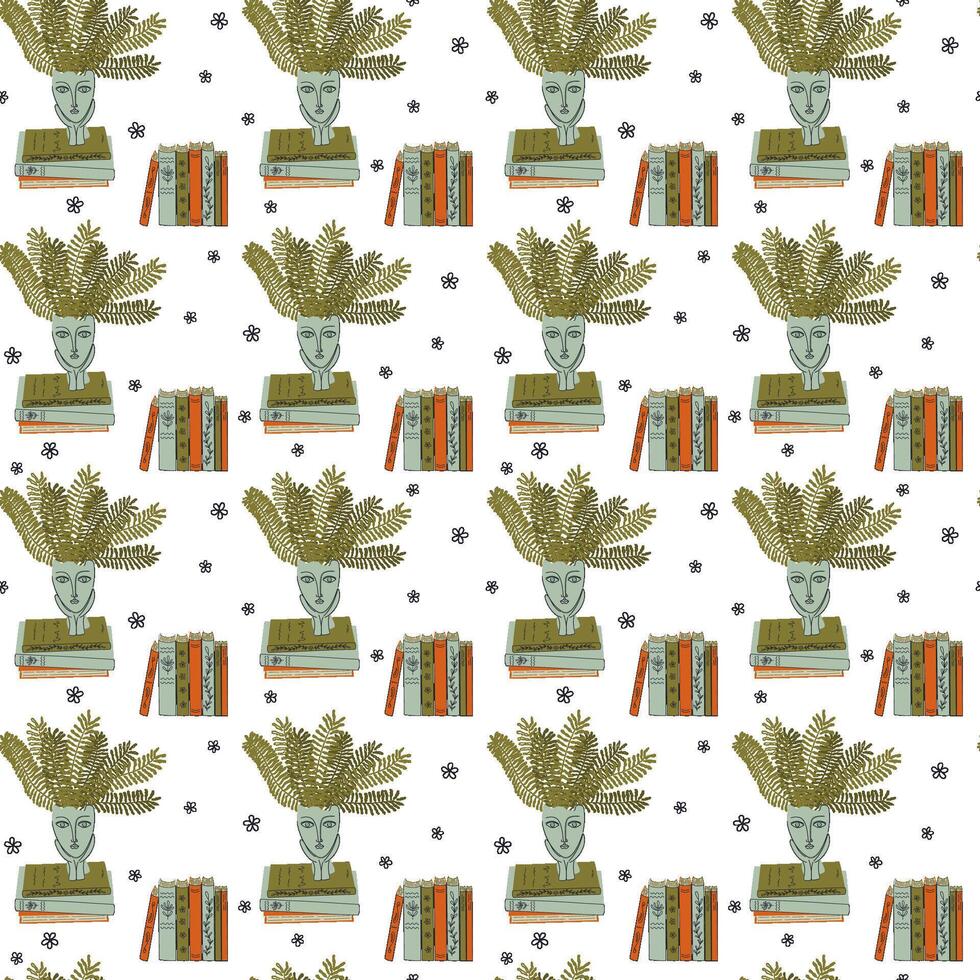 Seamless pattern with book stacks and houseplant in flat style. Love reading and education concept. Cute cozy home background. Hand drawn vector illustration for paper, fabric, scrapbook.