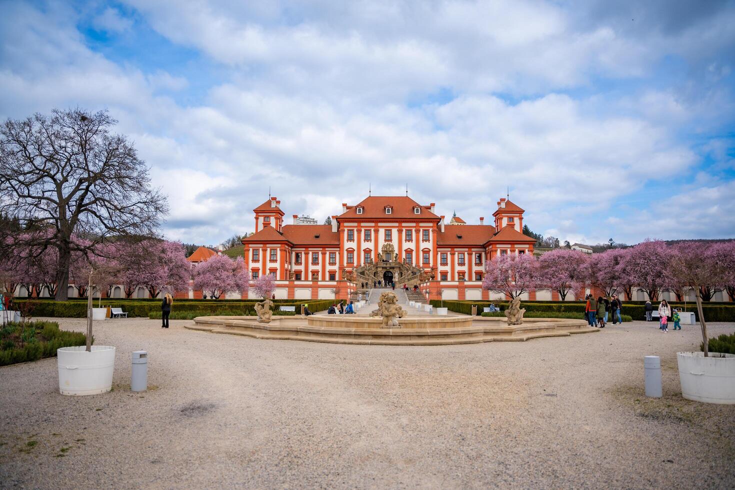 Prague, Czech Republic - March 17, 2024. Troja palace in spring with blooming sakura in Prague, Czech Republic. High quality photo