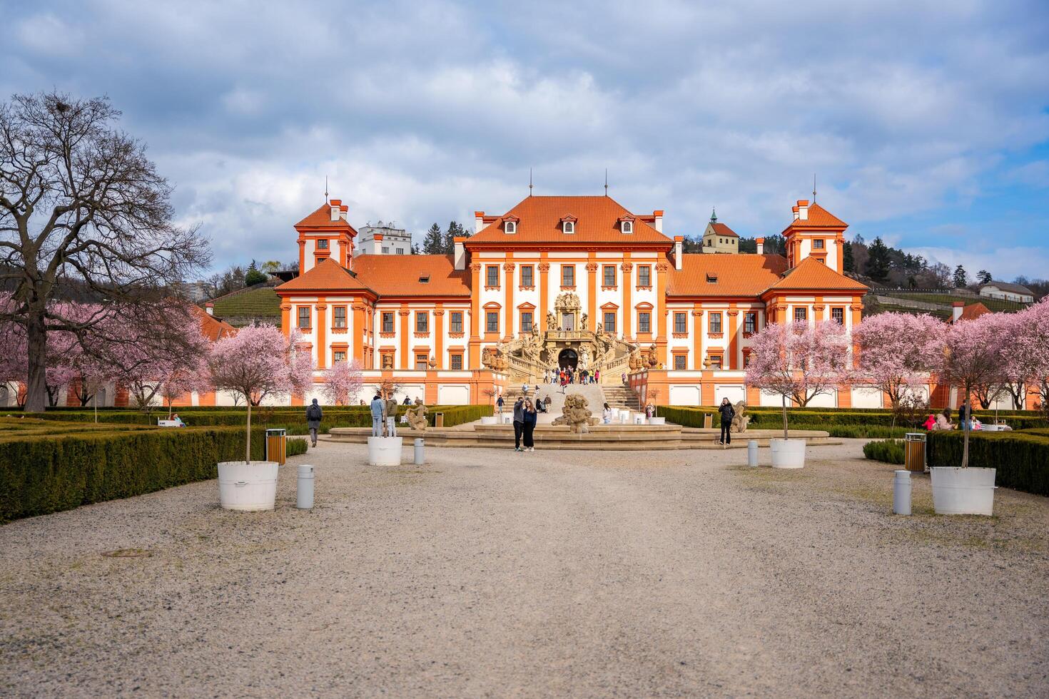 Prague, Czech Republic - March 17, 2024. Troja palace in spring with blooming sakura in Prague, Czech Republic. High quality photo