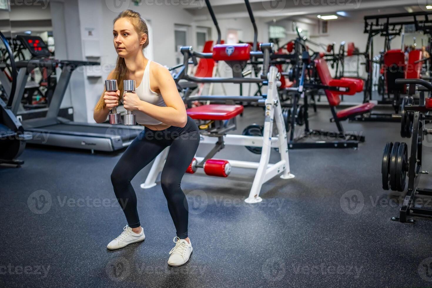 Young woman holds dumbbells in her hands and works out in the gym performing an exercise. High quality photo