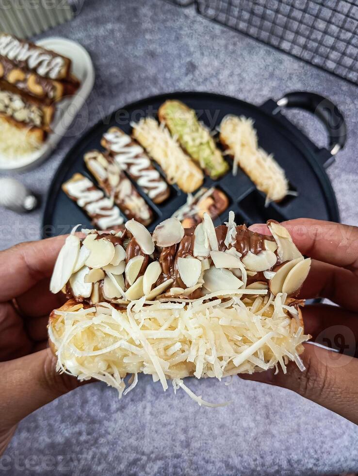 image of crispy toast fried in charcoal photo