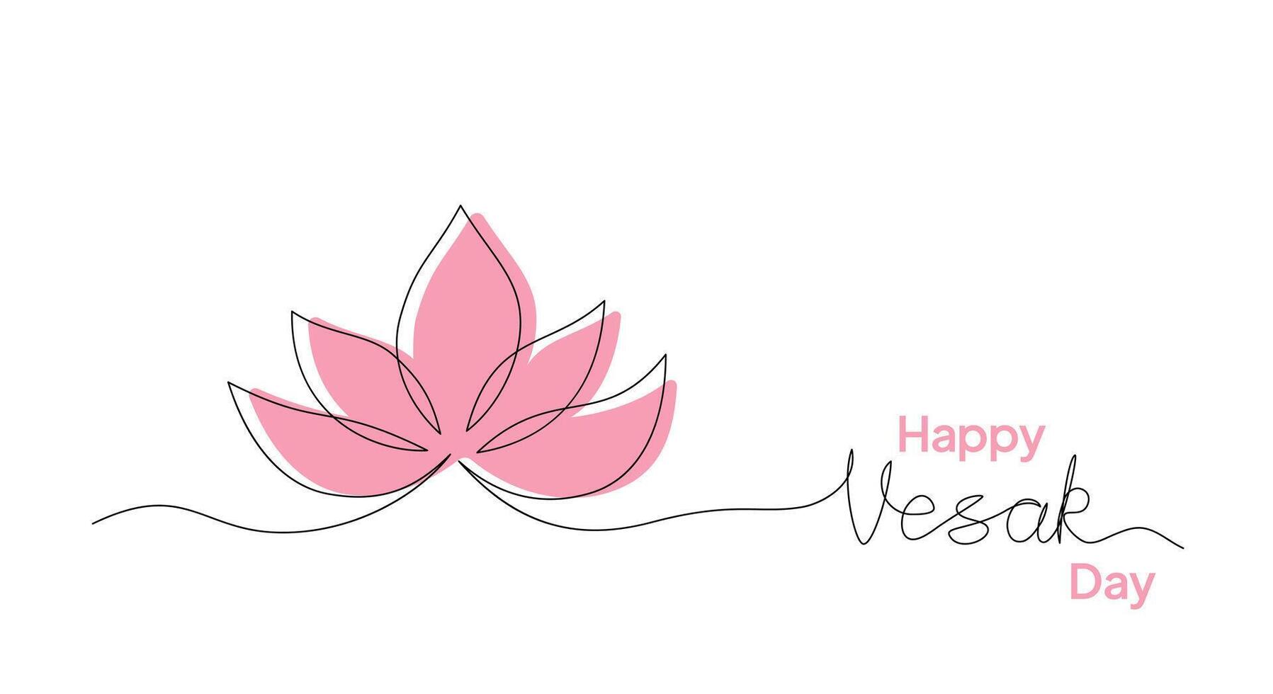 Vector illustration of a one line drawing of lotus and Vesak handwritten text. Greeting card Happy Vesak Day