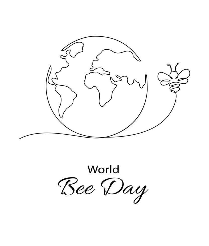 Vector illustration of a one line drawing of planet Earth and bee with World Bee Day text