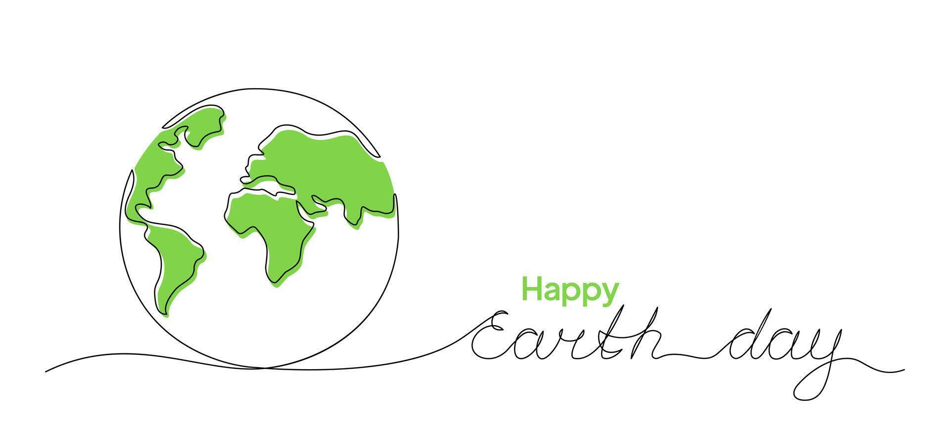 Vector illustration of a one line drawing of planet Earth and Happy Earth Day handwritten text