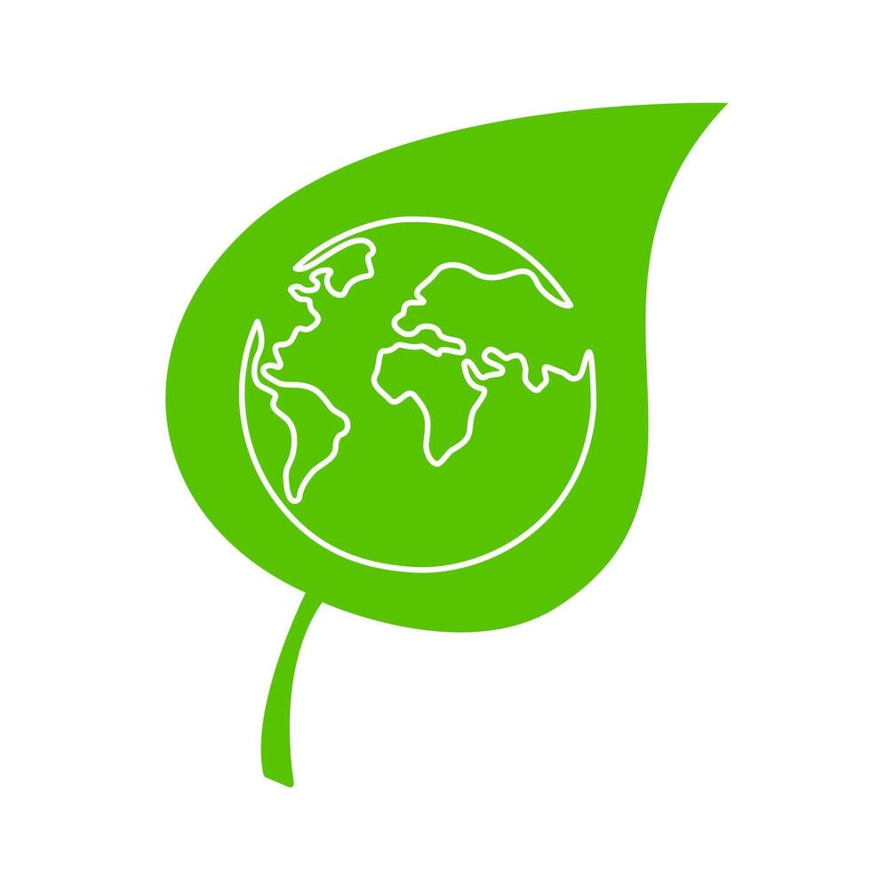 Earth globe on green plant leaf. Ecology logo design. Environment symbol vector