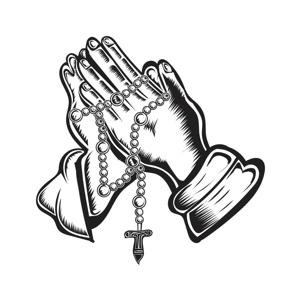 Praying hands holding rosary beads Vector illustration design